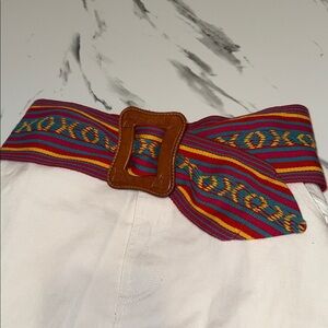 Colorful Woven Belt with Tooled Leather Buckle. OS